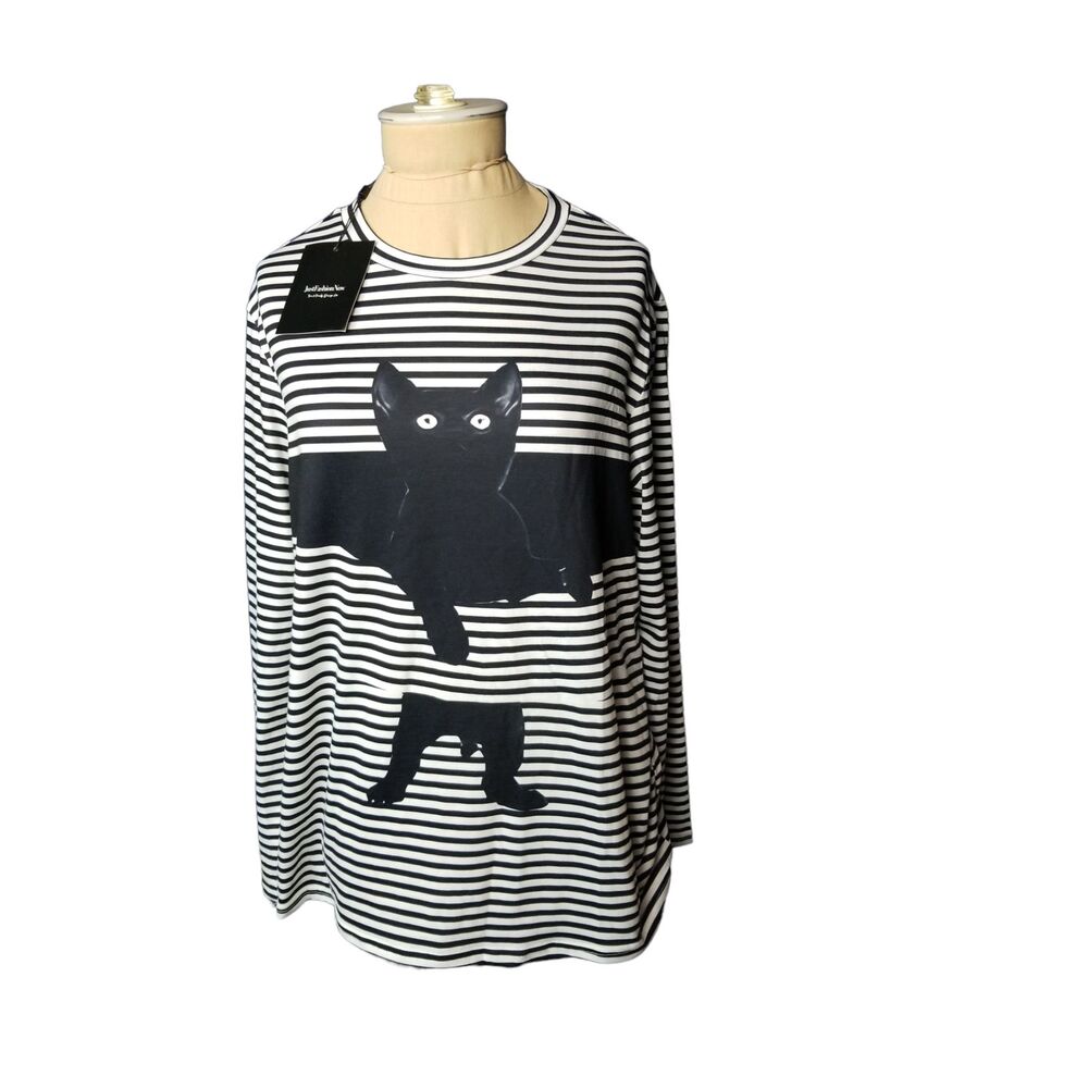 Just Fashion Now Black White Striped Cat Jersey NWT Size Small